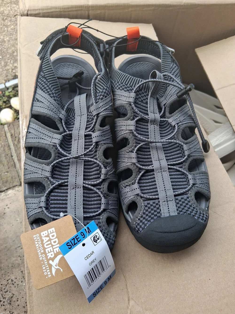 Eddie Bauer Men's Dark Gray Sandals with Orange Logo